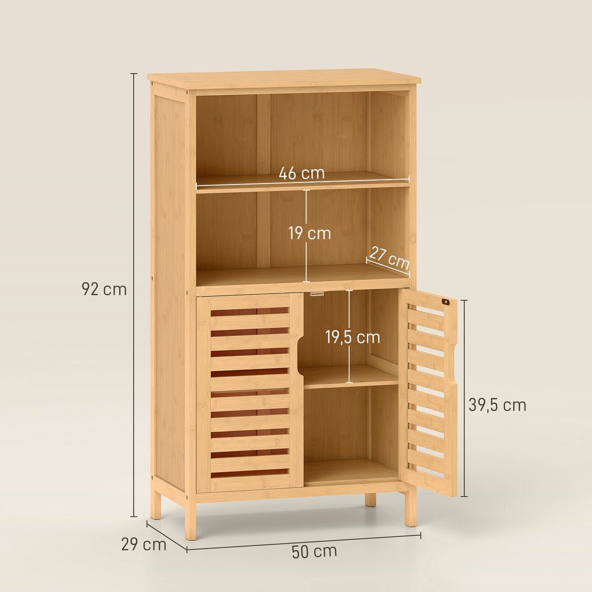Meuble de rangement salle de bain en bambou avec 2 portes ajourées et 2 compartiments 50 x 29 x 92 cm naturel-2