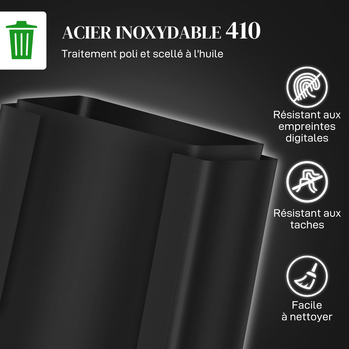 Poubelle de cuisine 2 compartiments de 2 x 25L, acier inoxydable, couvercle à fermeture douce, 47,7x37,5x56cm, noir-4