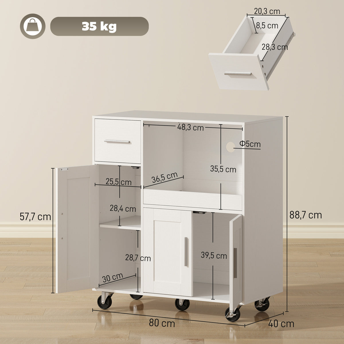 Desserte cuisine à roulettes, meuble micro onde, plateau coulissant, tiroir, placards 3 portes, 80x40x88,7cm, blanc-2