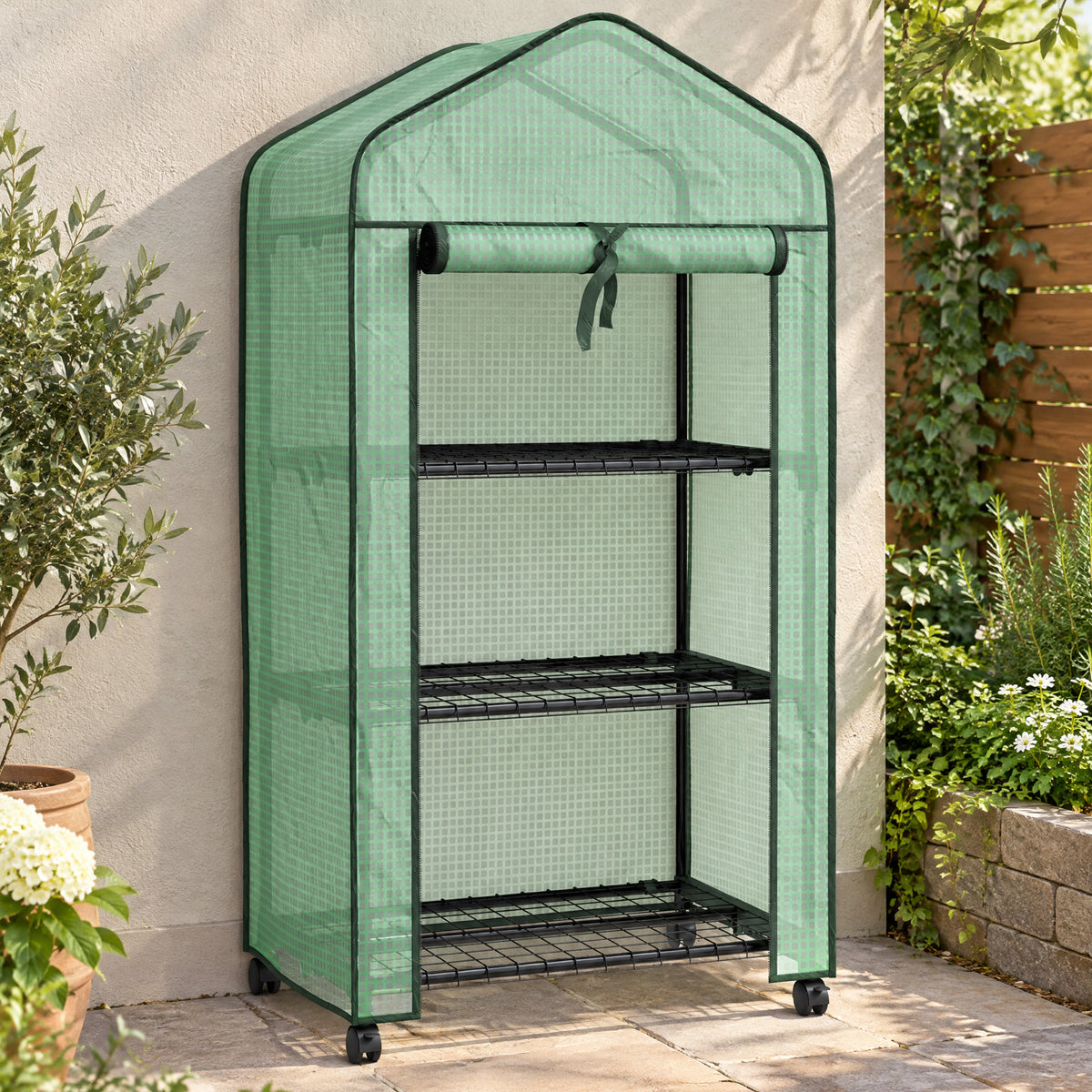 Mini serre de jardin avec 3 étagères, bâche PE haute densité, porte enroulable, 4 roulettes, dim. 69L x 49l x 130H cm-1