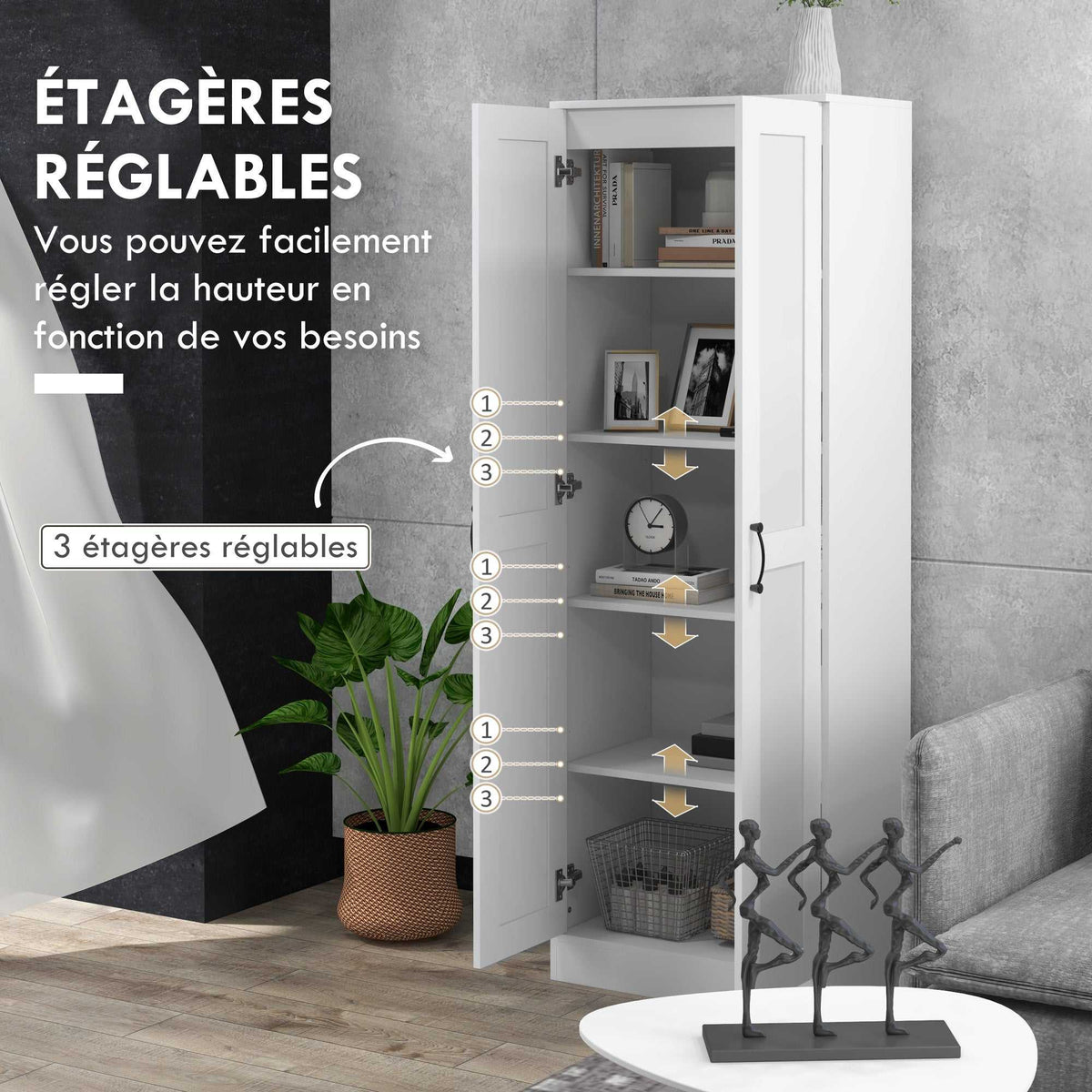 Armoire 2 portes meuble de rangement avec 5 étagères, style contemporain, 60L x 36,5l x 175H-6
