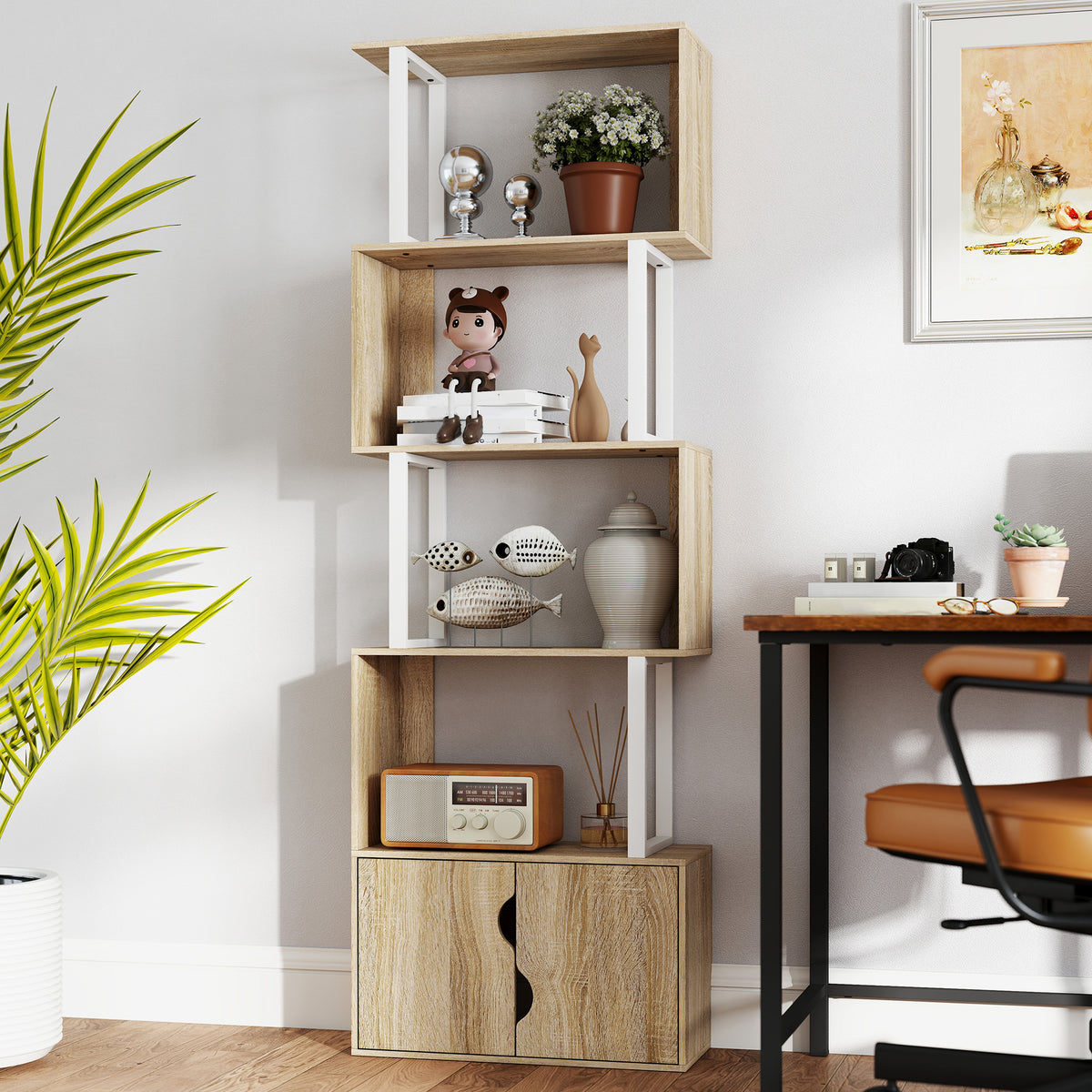 Bibliothèque à 5 niveaux, meuble de rangement avec étagères et placard double porte, 60 x 23,8 x 179,2 cm, bois naturel-6