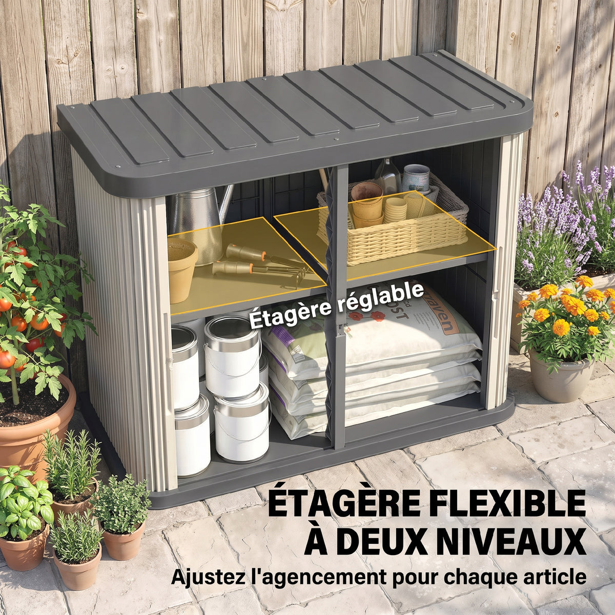 Coffre de Rangement Extérieur 480 L, 2 Niveaux avec Portes Coulissantes Résistant aux UV, 120,5x59,5x92cm, Gris-4