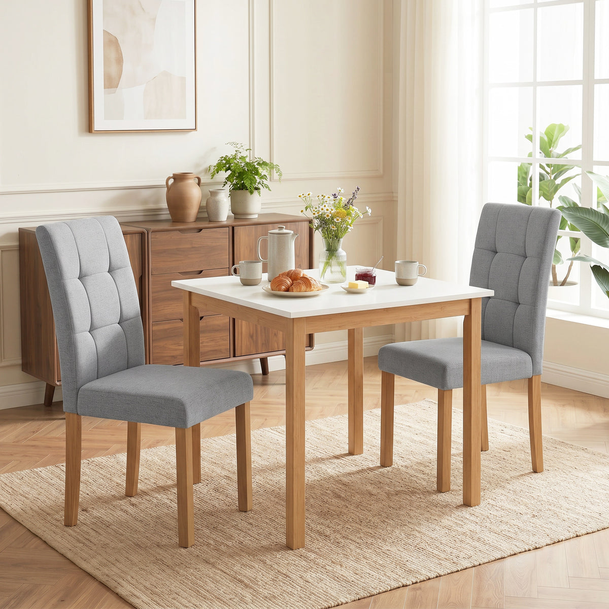 Lot de 2 chaises de salle à manger, chaise de cuisine moderne avec siège rembourré en tissu effet lin, gris clair-7