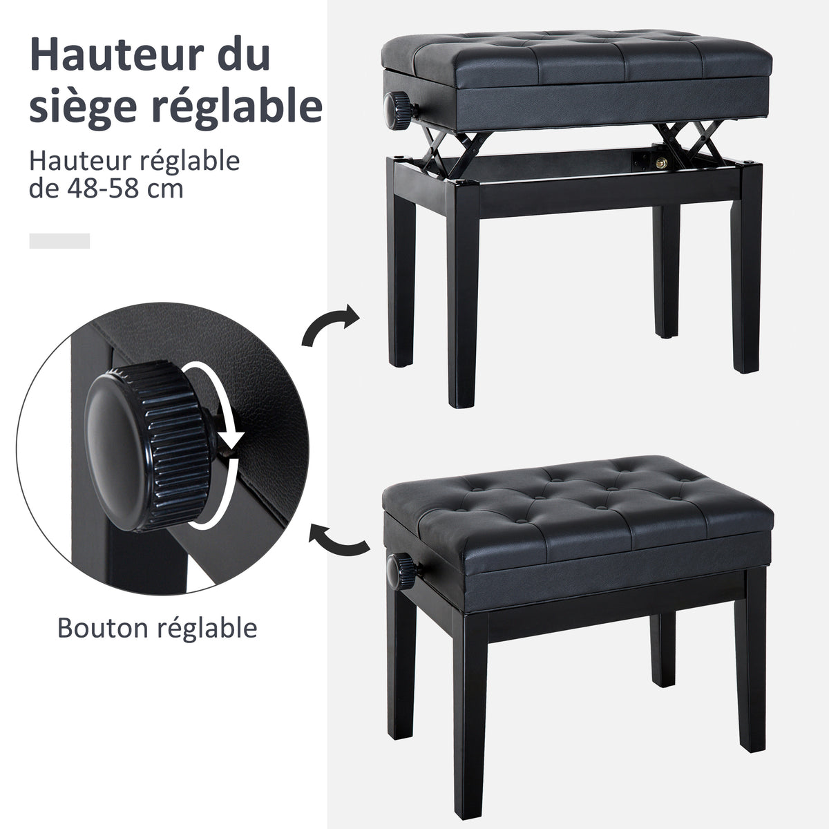 Banc piano, clavier haut. réglable bois massif, tabouret compartiment caché, siège rembourré charge 200kg, noir-3