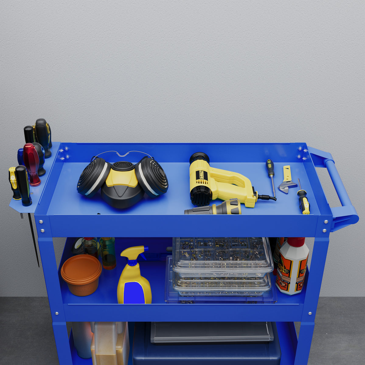 Chariot desserte d'atelier acier 3 plateaux sur roulettes avec poignée charge max. 150 kg 83 x 35,3 x 76 cm acier bleu-8