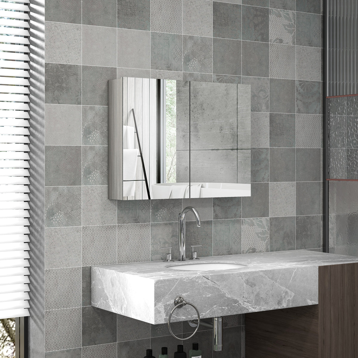 Armoire murale salle de bain avec miroir, meuble salle de bain, double portes et étagères réglables, 80x15x60cm, gris-1