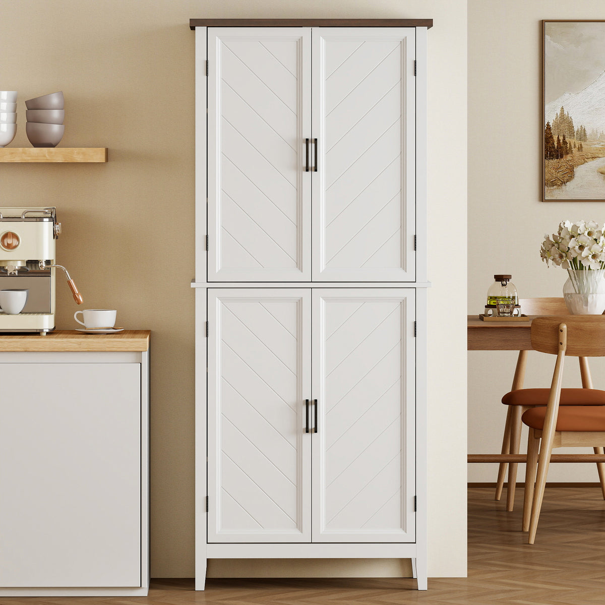 Buffet haut cuisine 6 niveaux, armoire de cuisine, 4 portes à chevrons et 4 étagères réglables, 76x40x178,5cm, blanc-8