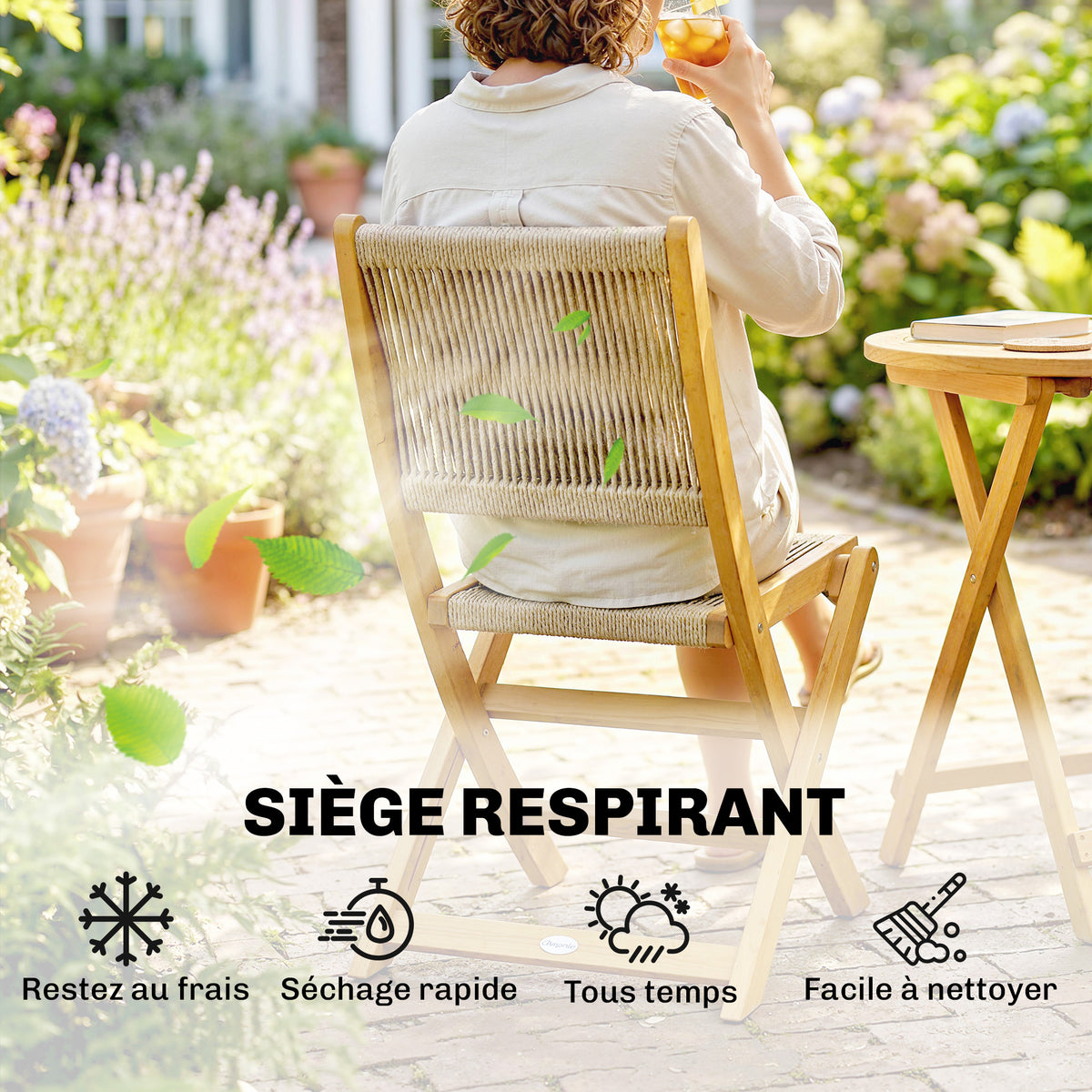 Salon de Jardin Ensemble Bistro 3 Pièces Table Ronde et 2 Chaises Pliables Design Boho Bois d'Acacia Cordage PP Naturel-4