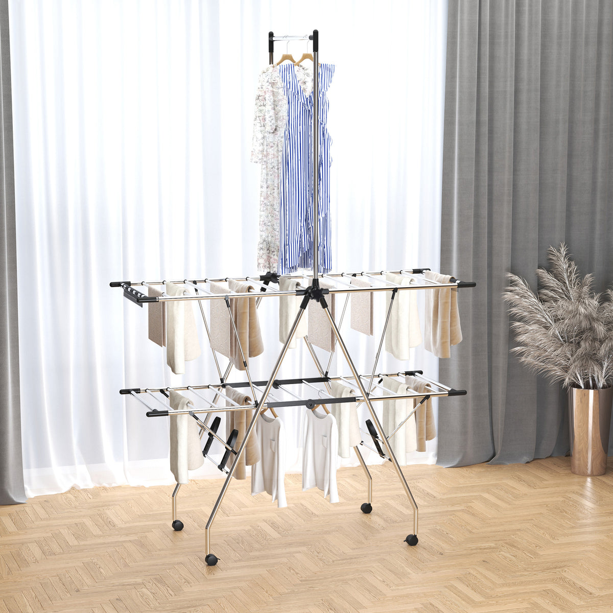 Séchoir à linge étendoir pliable avec roulettes grand espace d'étendage acier inoxydable 138,5 x 63 x 208 cm-1