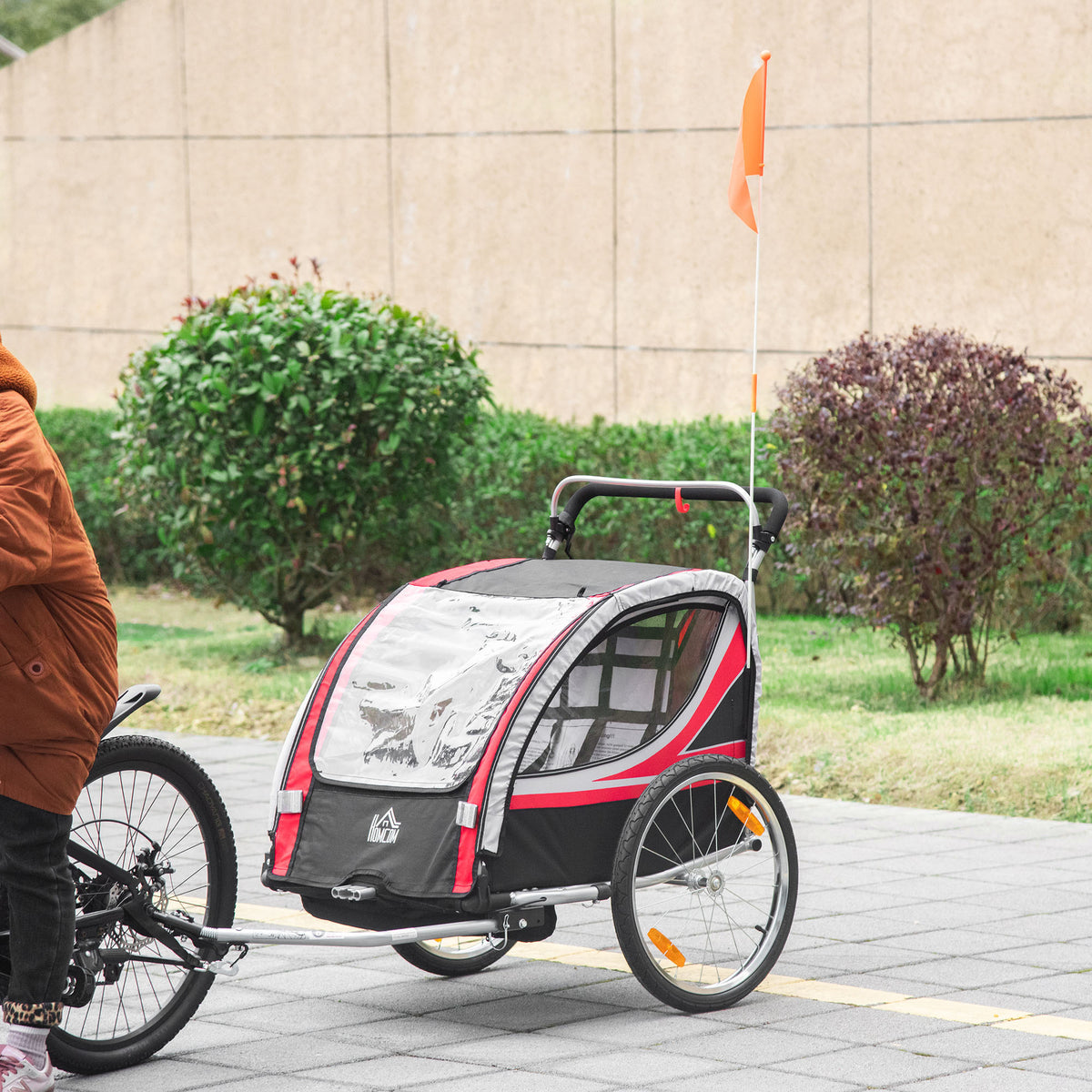 Remorque vélo pour enfant 2 en 1 convertible jogger poussette capacité 26,4 kg avec réflecteurs et drapeau - 2 places - rouge-1