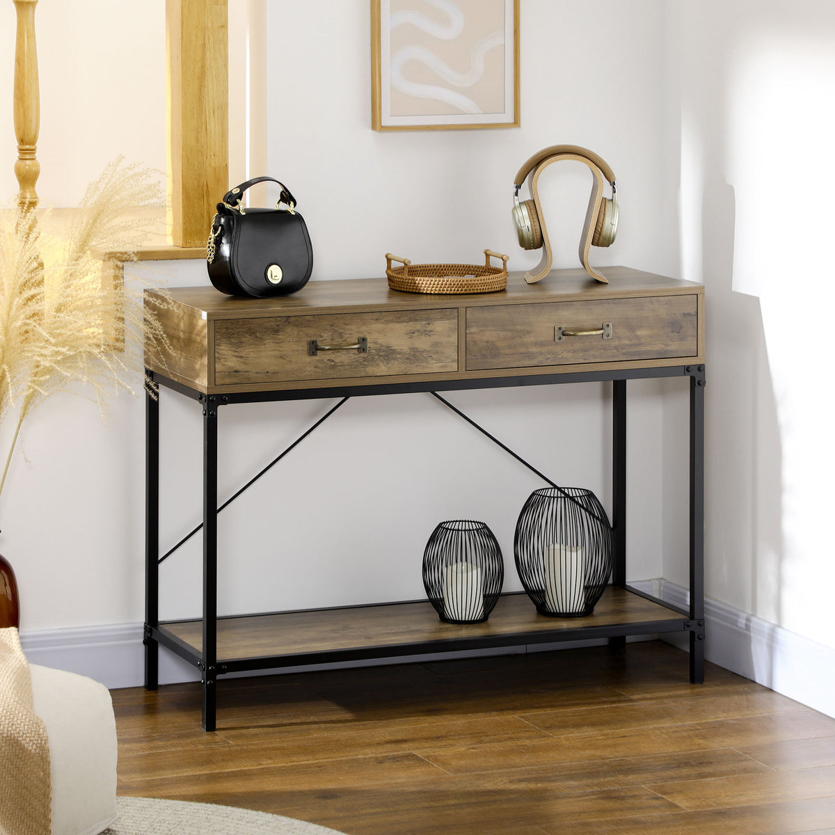 Table Console Table d'appoint d'entrée Industriel dim. 100L x 35l x 76H cm avec 2 tiroirs et 1 plateau Aspect Bois-1