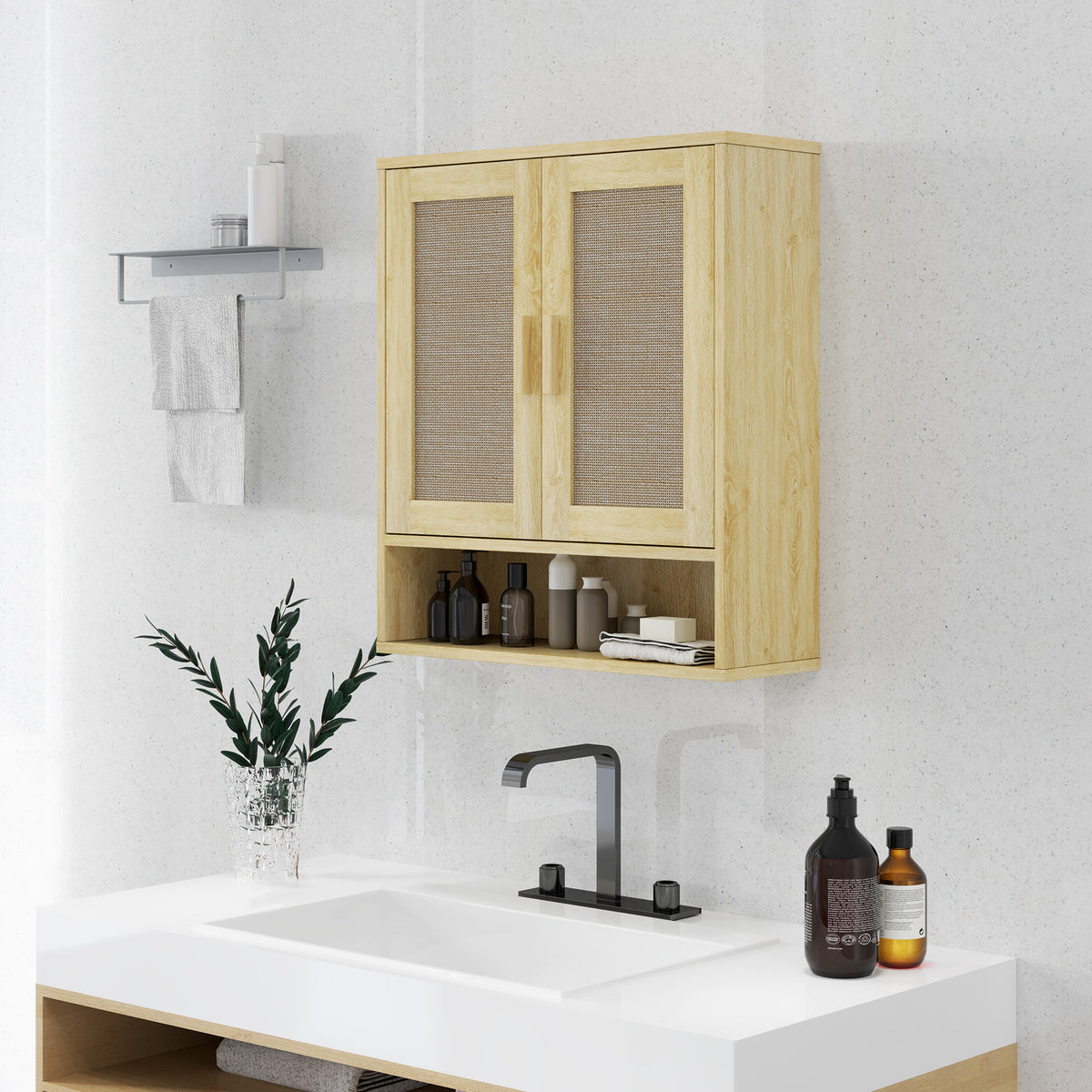 Meuble mural salle de bain meuble wc suspendu avec double porte et étagère ouverte 59 x 20 x 66,5 cm effet bois de chêne-1