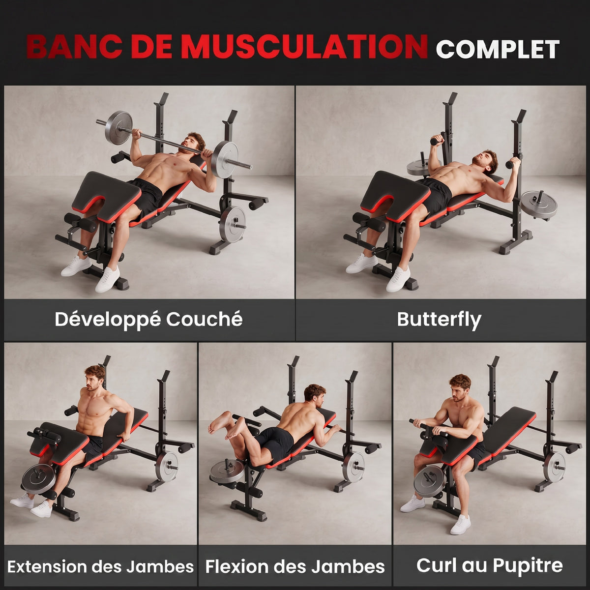Banc de musculation Fitness entrainement complet avec support d'haltères dossier réglable acier 175 x 139 x 127 cm noir-3