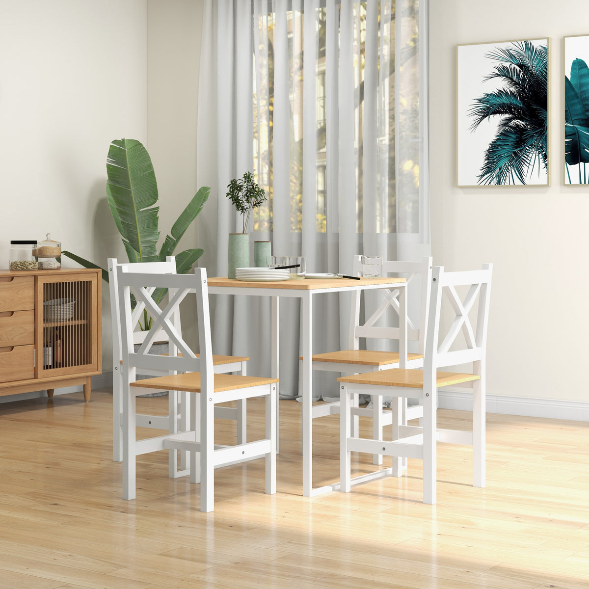 Lot de 4 chaises de salle à manger en bois massif chaise de cuisine esprit campagne dossier croisé blanc et chêne-9