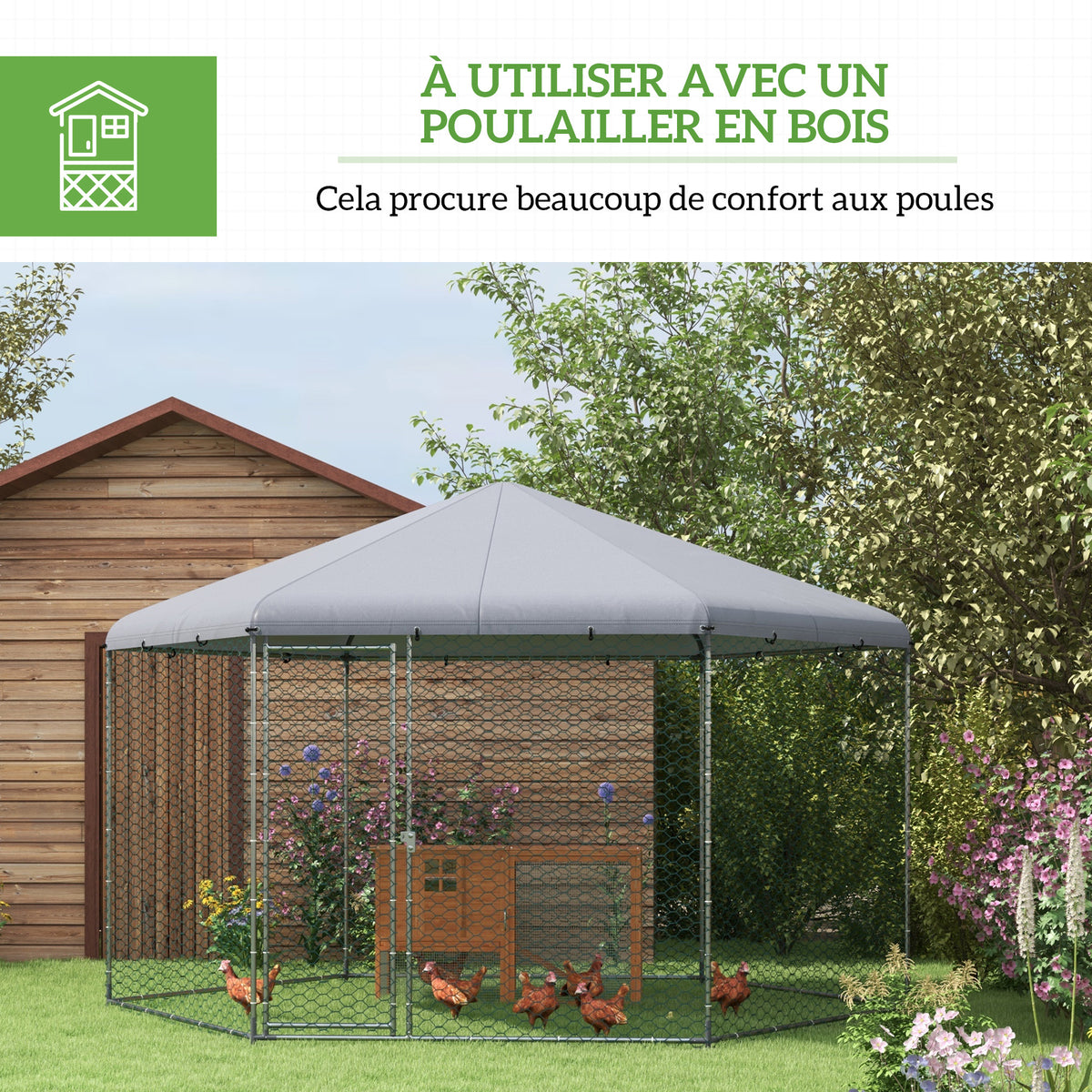 Enclos poulailler extérieur 10 m² parc grillagé 400 x 346 x 263 cm - espace couvert - 10-15 poules-4