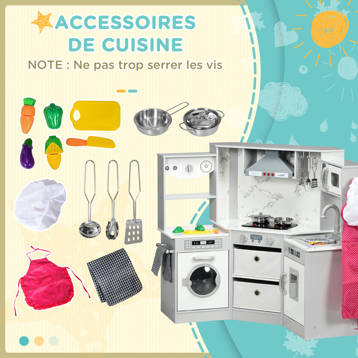 Cuisine enfant en bois avec 17 accessoires légumes en plastique boutons et lumières toque 3-6 ans gris blanc-6