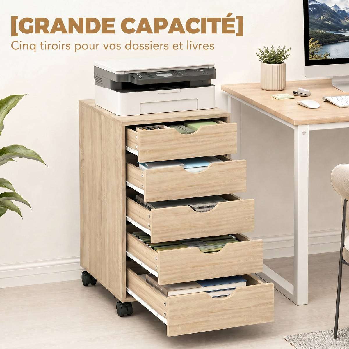 Caisson bureau mobile, meuble rangement sur roulettes avec 5 tiroirs, bois, 40 x 40 x 68,5 cm, chêne-3