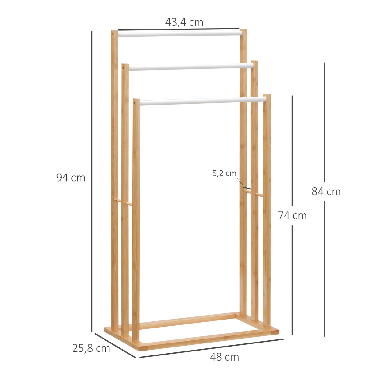 Porte-serviettes en bambou sur pieds avec 3 barres support pour serviette étagère de salle de bain - 48 x 25,8 x 94 cm-2