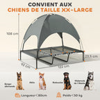 Lit Chien Sureleve avec Parasol, Lit de Camp Chien Chat sur Pieds Tissu Oxford Respirant, Anti-UV Cadre en Métal Sac de Transport Inclus Couchage Extérieur pour Chat 122 x 92 x 108 cm Gris Noir-2