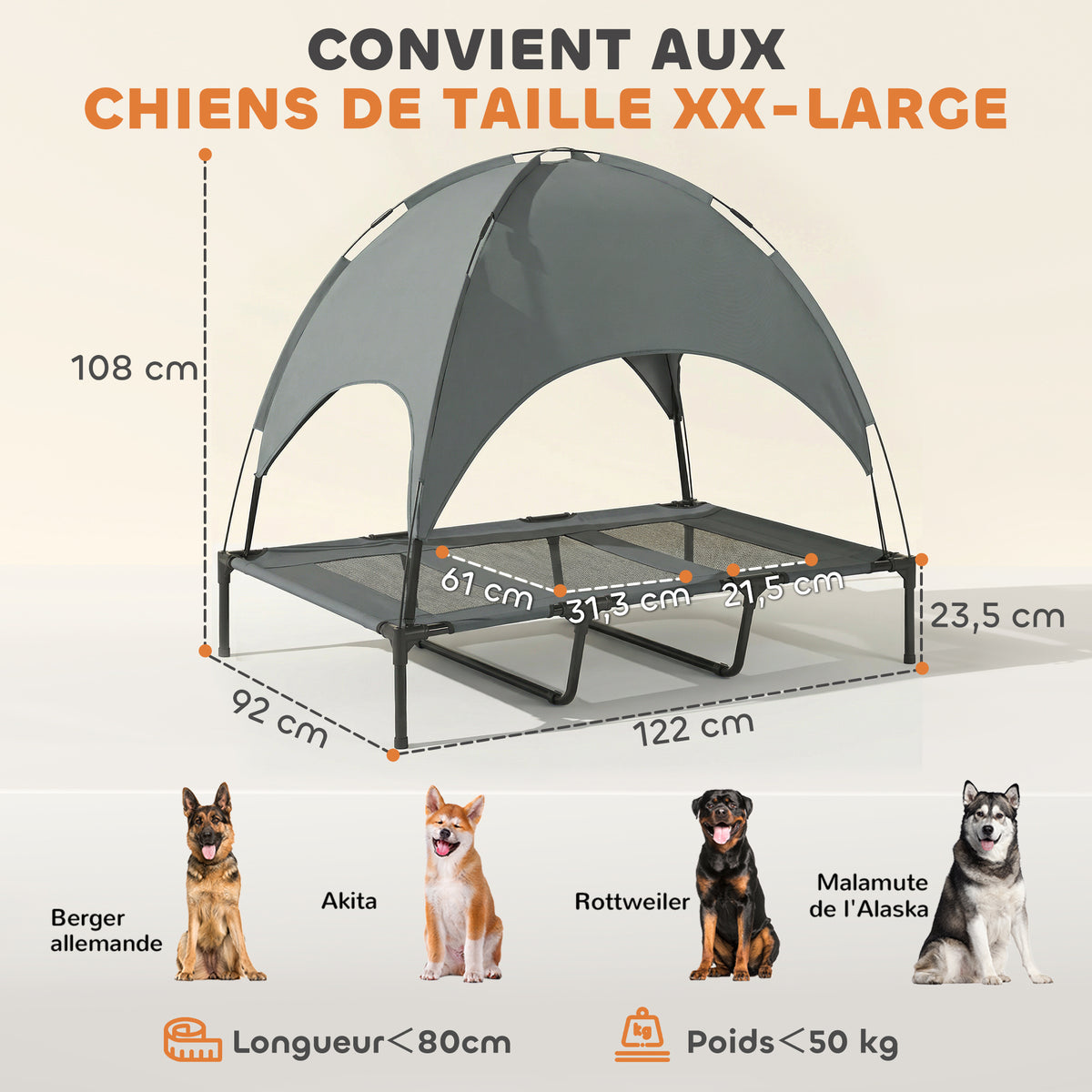 Lit Chien Sureleve avec Parasol, Lit de Camp Chien Chat sur Pieds Tissu Oxford Respirant, Anti-UV Cadre en Métal Sac de Transport Inclus Couchage Extérieur pour Chat 122 x 92 x 108 cm Gris Noir-2