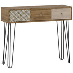 Table console avec 3 tiroirs, table d'entrée étroite avec pieds en épingle à cheveux en acier, 90 x 30 x 75 cm, marron-0