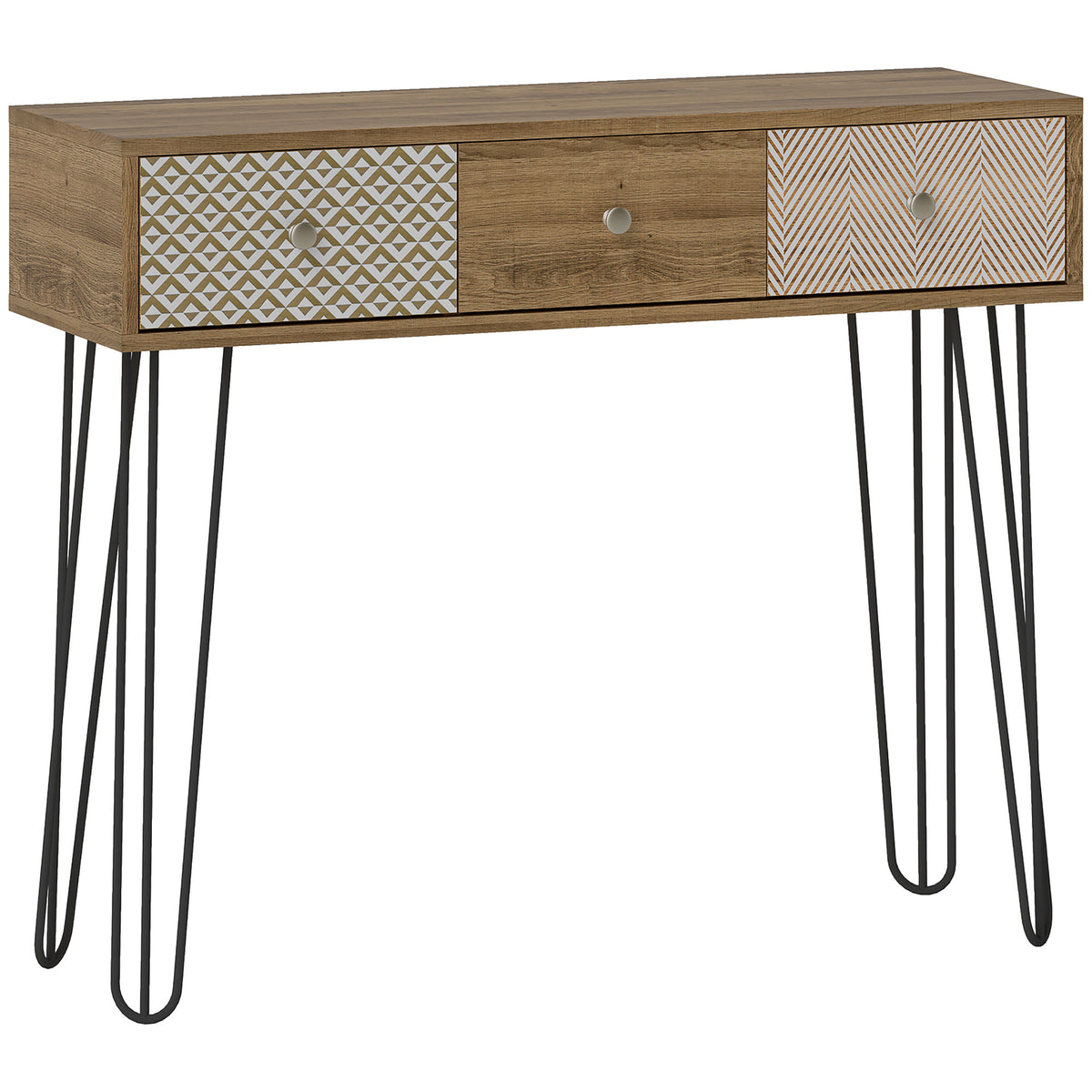 Table console avec 3 tiroirs, table d'entrée étroite avec pieds en épingle à cheveux en acier, 90 x 30 x 75 cm, marron-0