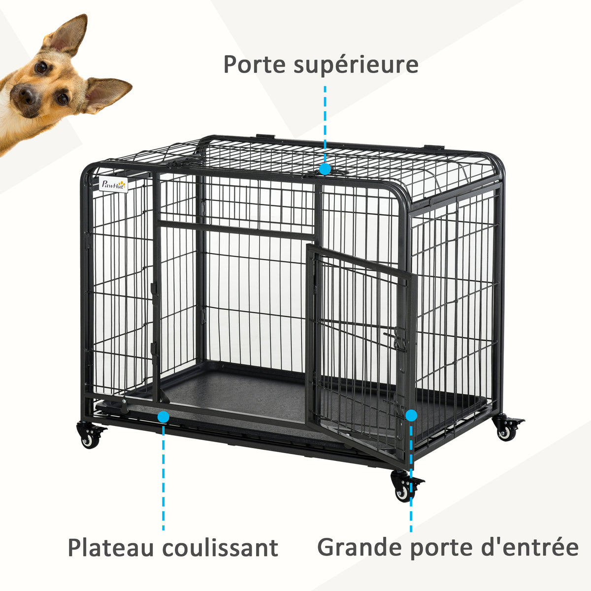Cage pour chien pliable cage de transport sur roulettes 2 portes verrouillables plateau amovible dim. 94L x 58l x 69,5H cm métal gris noir-3