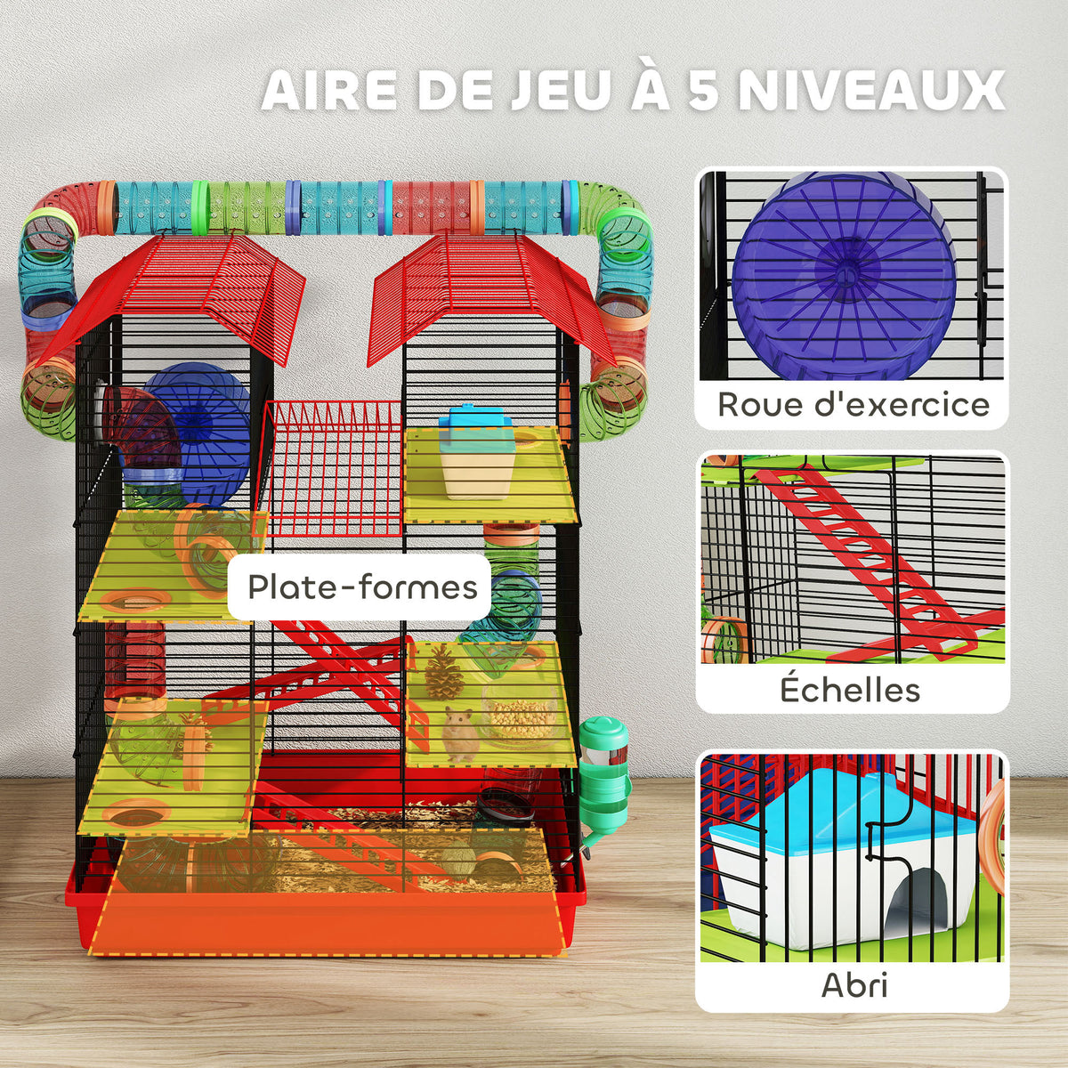 Cage pour hamster souris petit animaux rongeur avec tunnel mangeoire roue jouet 47 x 30 x 59 cm rouge-3