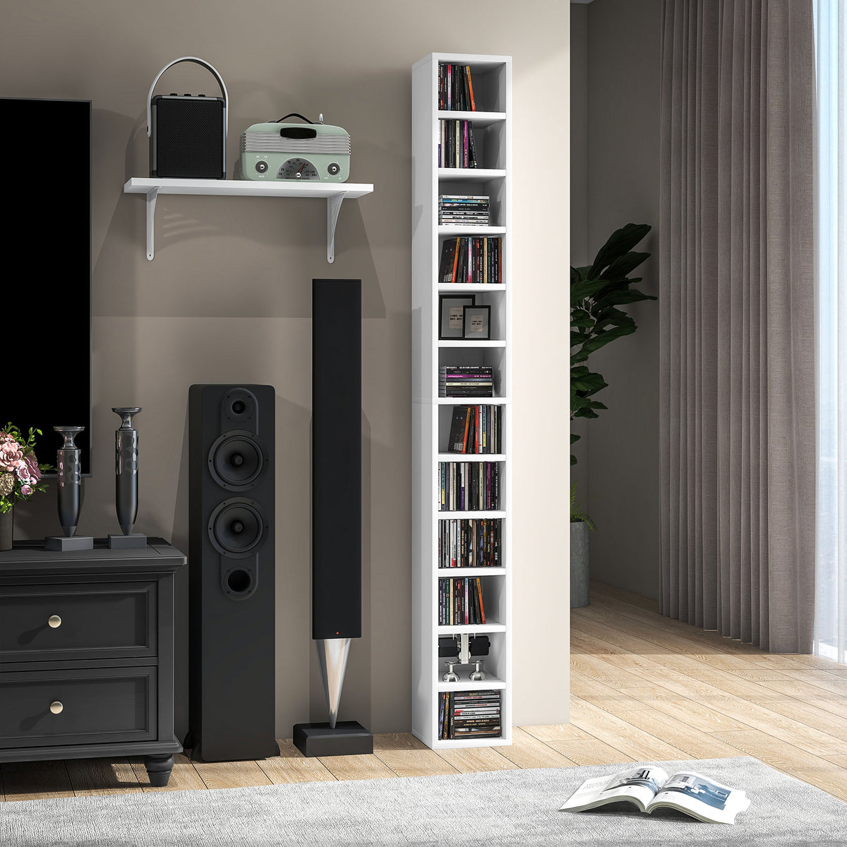 Rangements pour CD et DVD avec 12 compartiments, capacité max. 204 CD, 21 x 20 x 175 cm, blanc-9