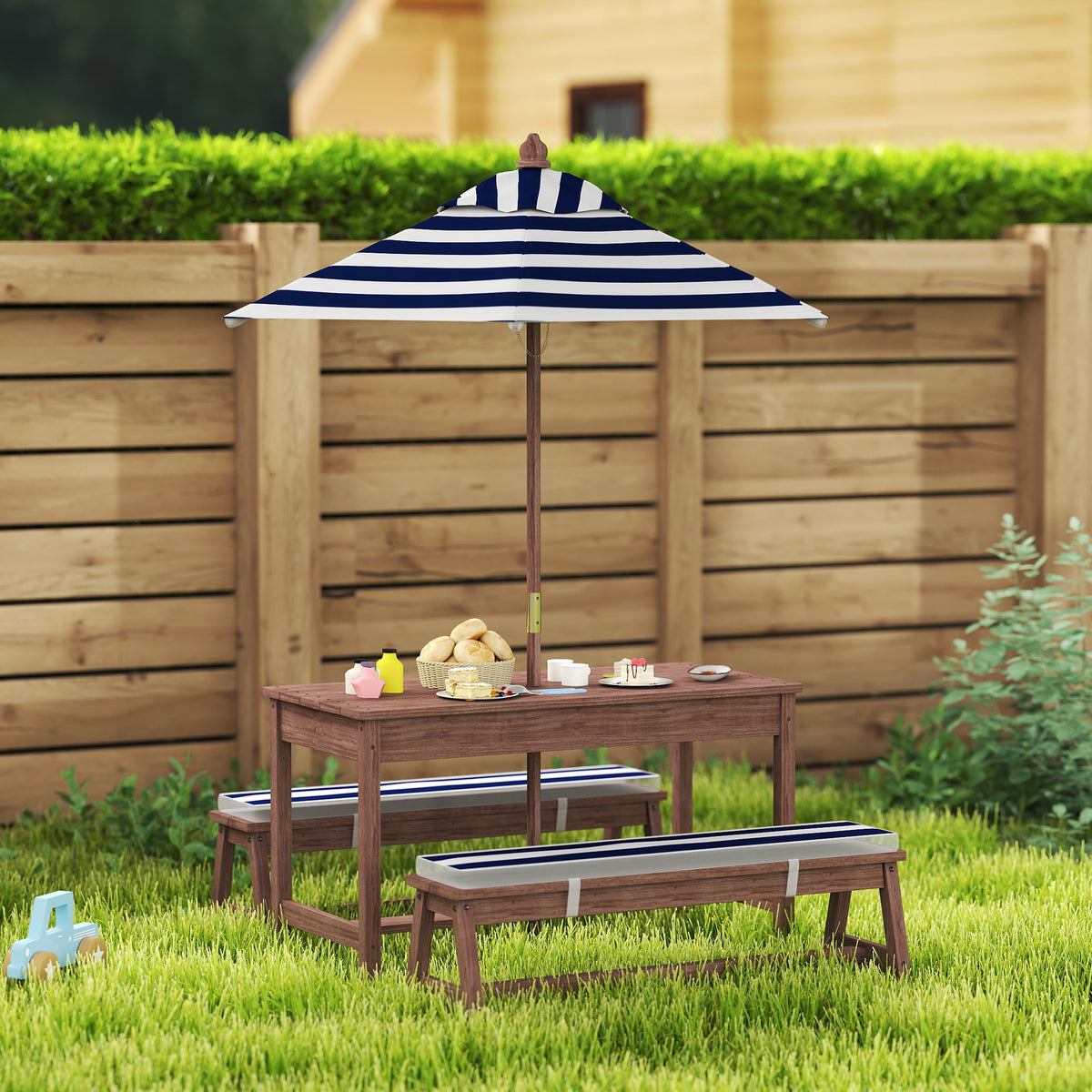 Ensemble salon de jardin extérieur enfant avec coussins et parasol amovible, rayé bleu marine et blanc-1