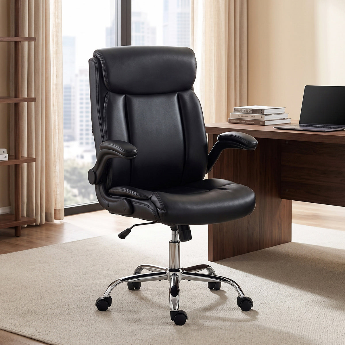 Chaise Bureau Ergonomique avec Accoudoirs Relevables, Fauteuil de Bureau en PU, Hauteur Réglable, Fonction Bascule, Noir-1