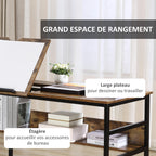 Table à dessin inclinable bureau informatique design industriel - plateau relevable, étagère - panneaux particules aspect vieux bois métal noir-5