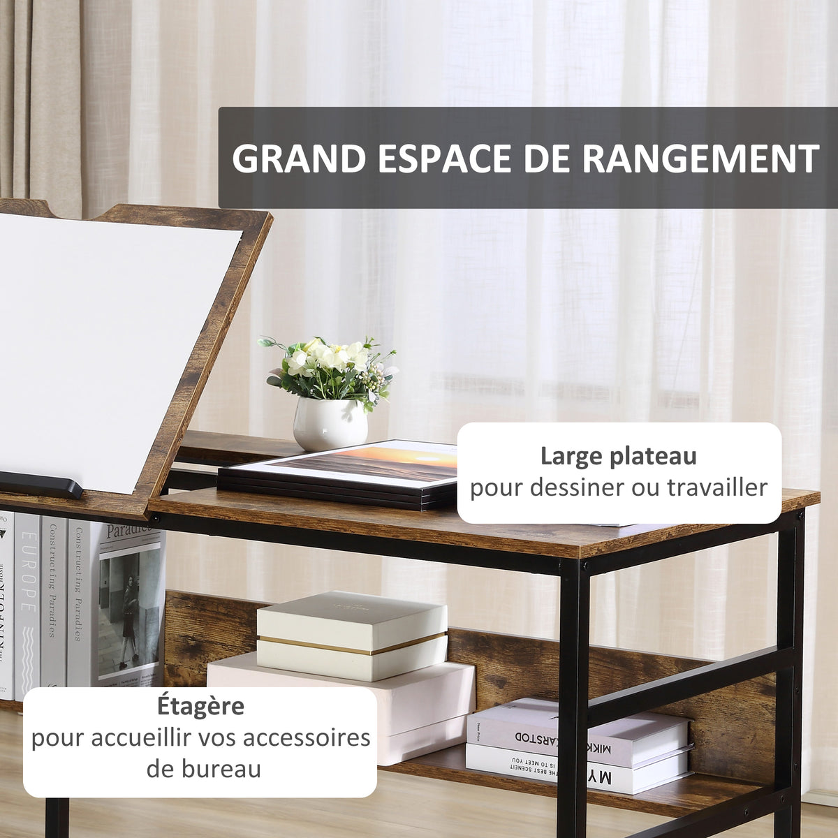 Table à dessin inclinable bureau informatique design industriel - plateau relevable, étagère - panneaux particules aspect vieux bois métal noir-5