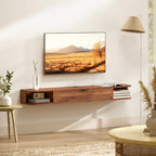 Meuble TV Suspendu, Meuble Télé pour Téléviseur jusqu'à 60 Pouces, Tiroir Rabattable, 2 Étagères, 140x24x16cm, Noyer-6