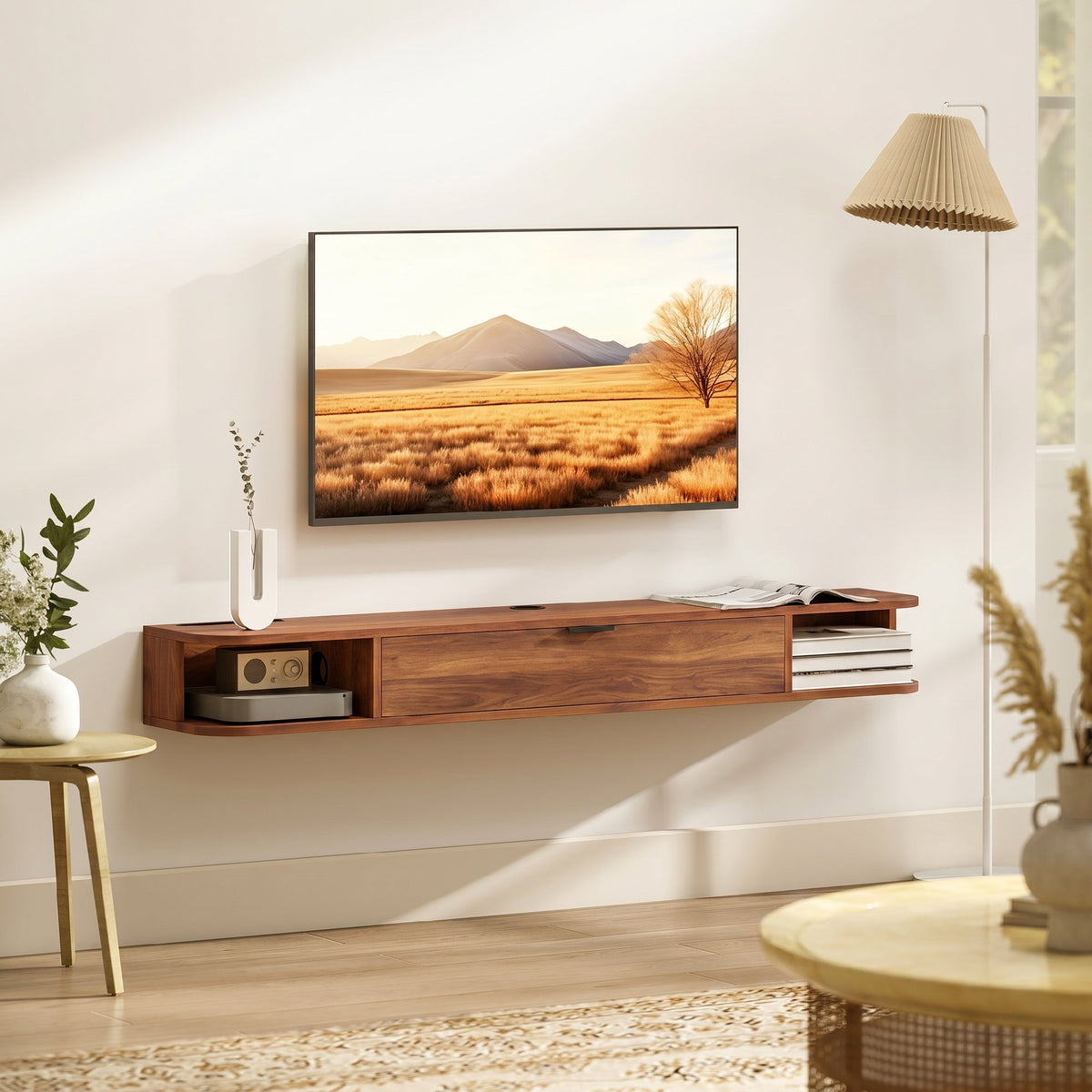 Meuble TV Suspendu, Meuble Télé pour Téléviseur jusqu'à 60 Pouces, Tiroir Rabattable, 2 Étagères, 140x24x16cm, Noyer-6