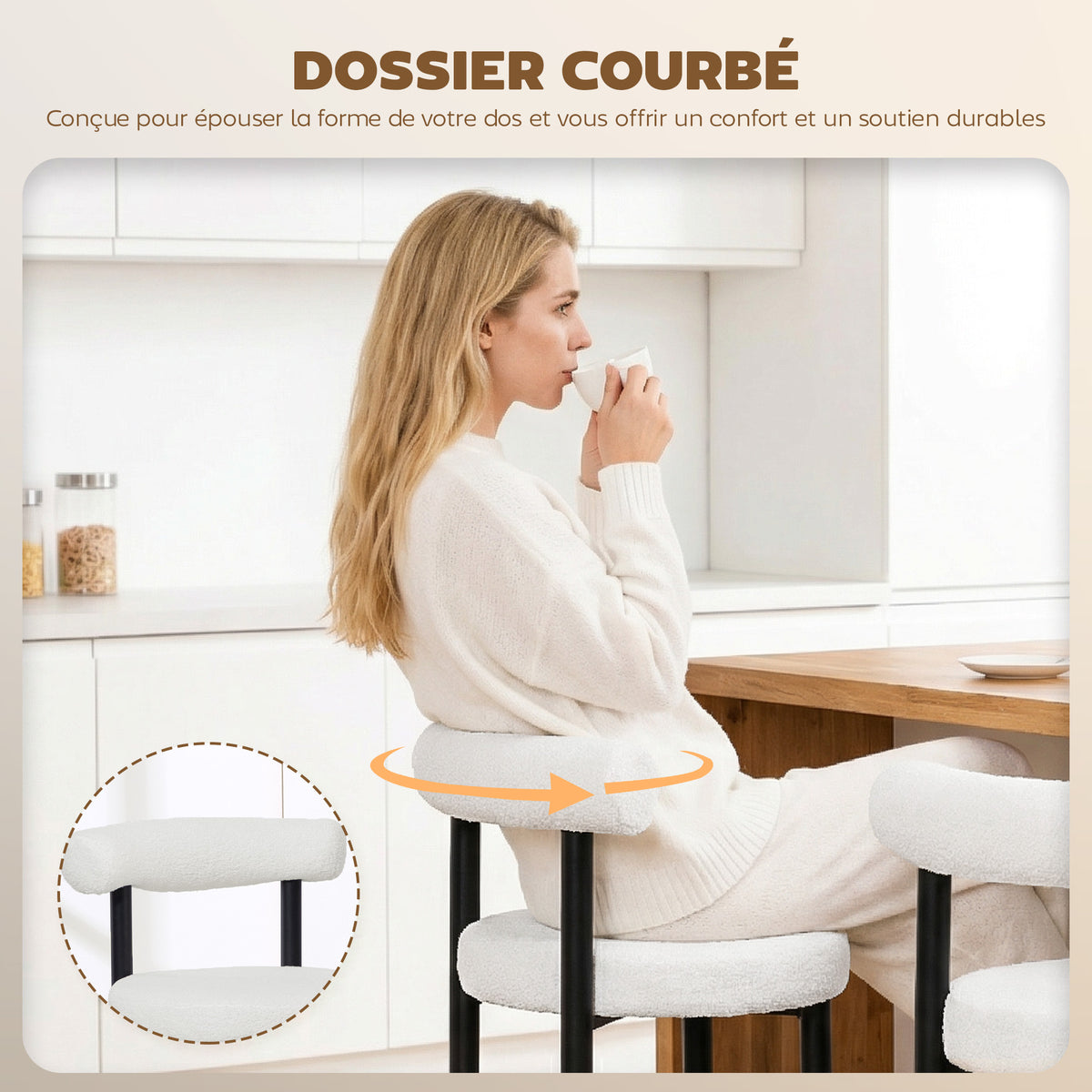 Lot de 2 tabourets de bar, chaises de bar en tissu bouclette avec dossier incurvé, repose-pieds, 50x52,5x98cm, blanc-4