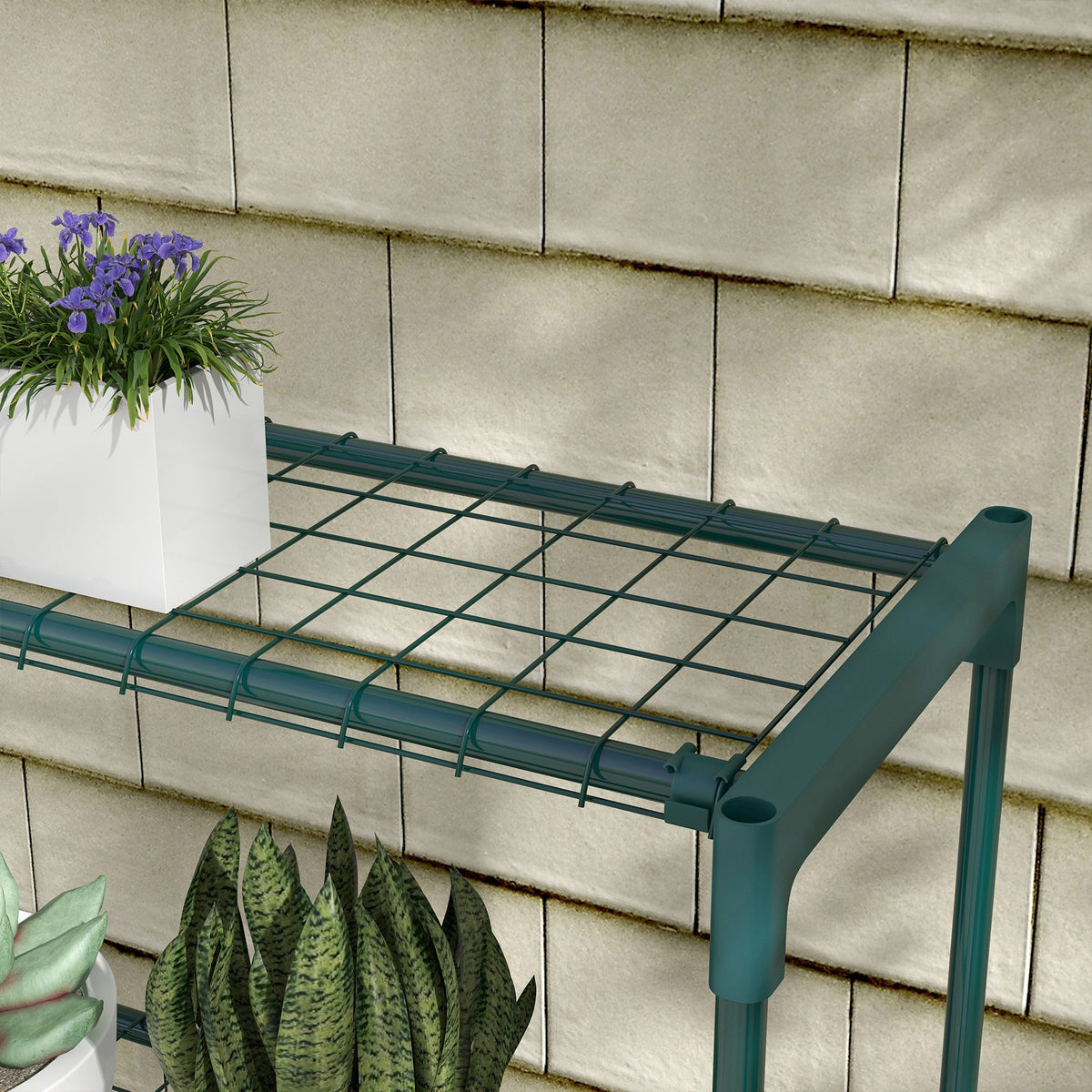 Étagère à fleurs supports porte plante 4 niveaux, intérieur et extérieur en acier, dim. 89L x 28l x 107H cm, vert-8