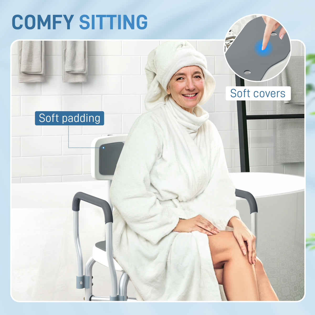 Tabouret de douche, tabouret de bain avec siège rembourrée en U amélioré et accoudoirs, hauteur réglable, gris-7