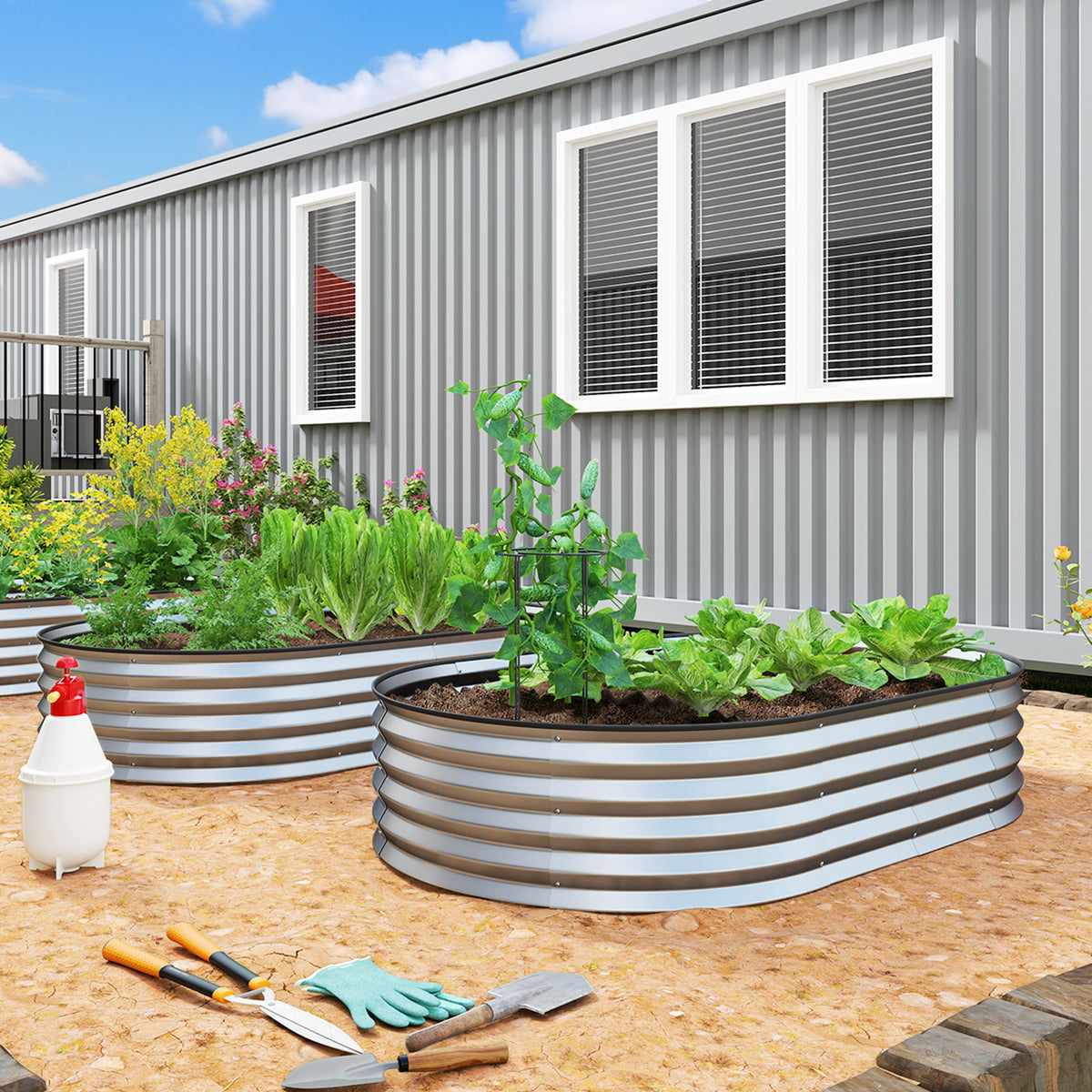 Lot de 2 jardinières surélevées galvanisées en acier kit de lits de jardin bordure caoutchouc 152 x 91 x 30 cm argent-1
