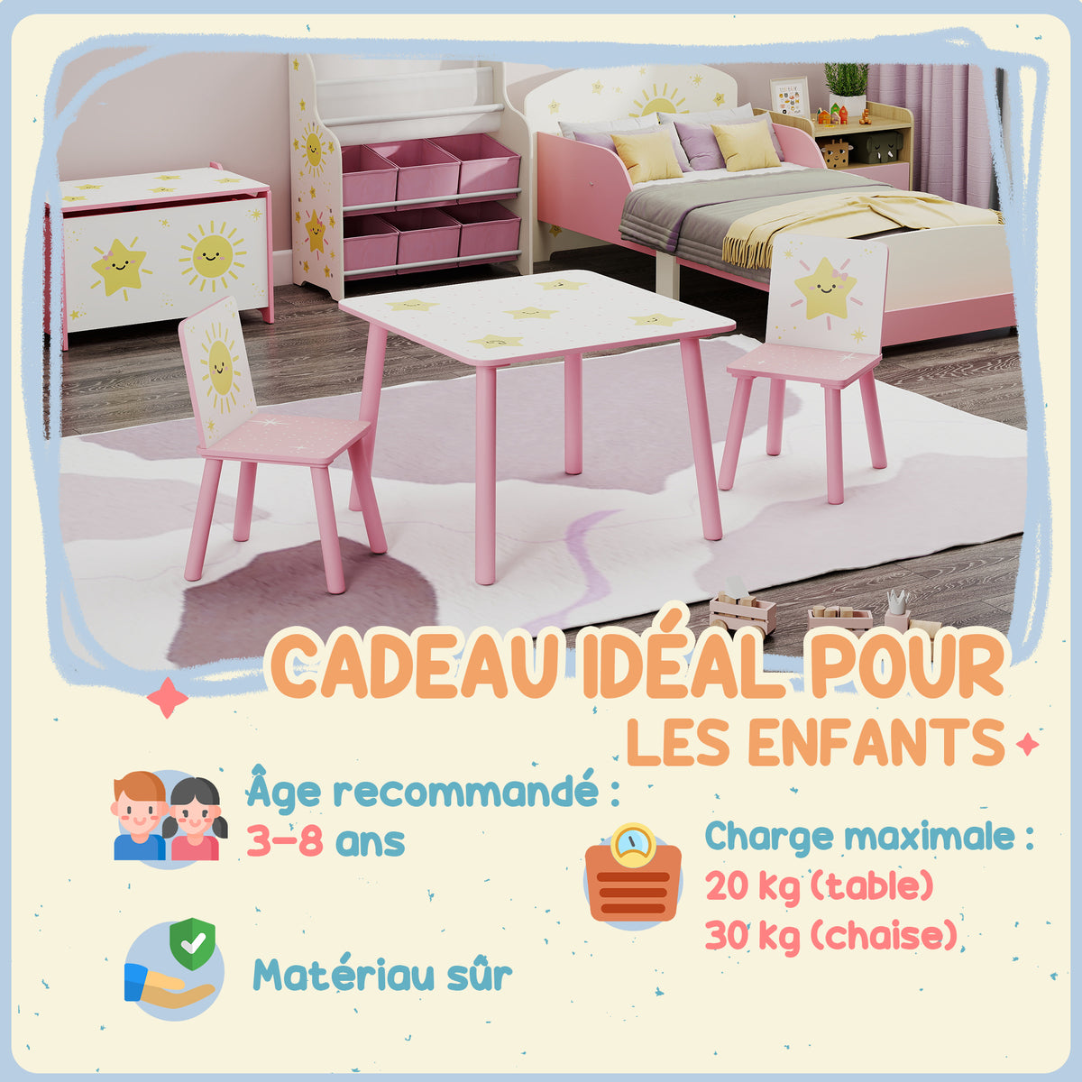 Table enfant avec chaise, ensemble table et 2 chaises enfant en bois, motifs d'étoile, 60 x 60 x 44 cm, rose-6
