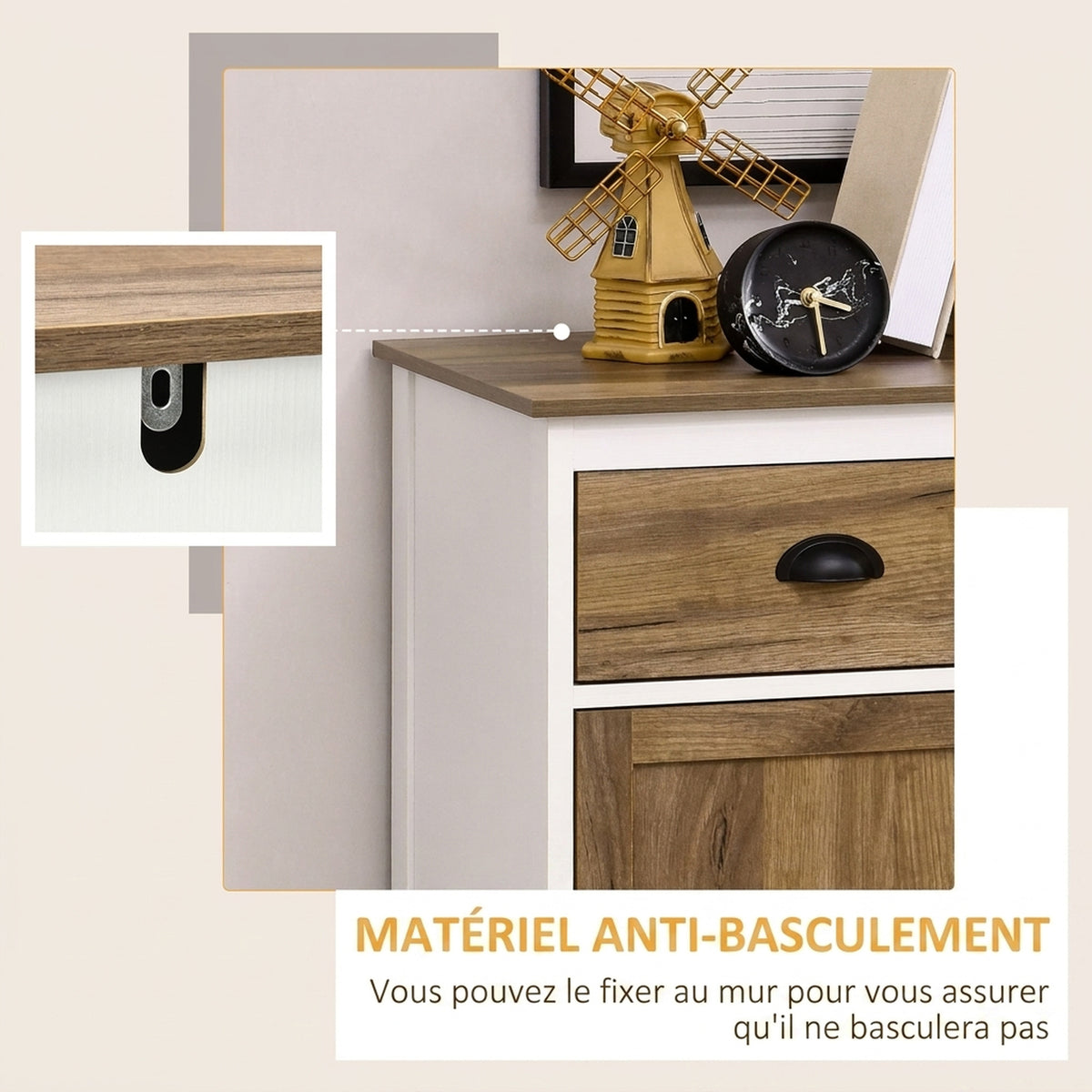Buffet Salon, Meuble de Rangement avec 2 Portes, Tiroir, Étagère Réglable, 78,5 x 39 x 89,4 cm, Blanc et Chêne-6