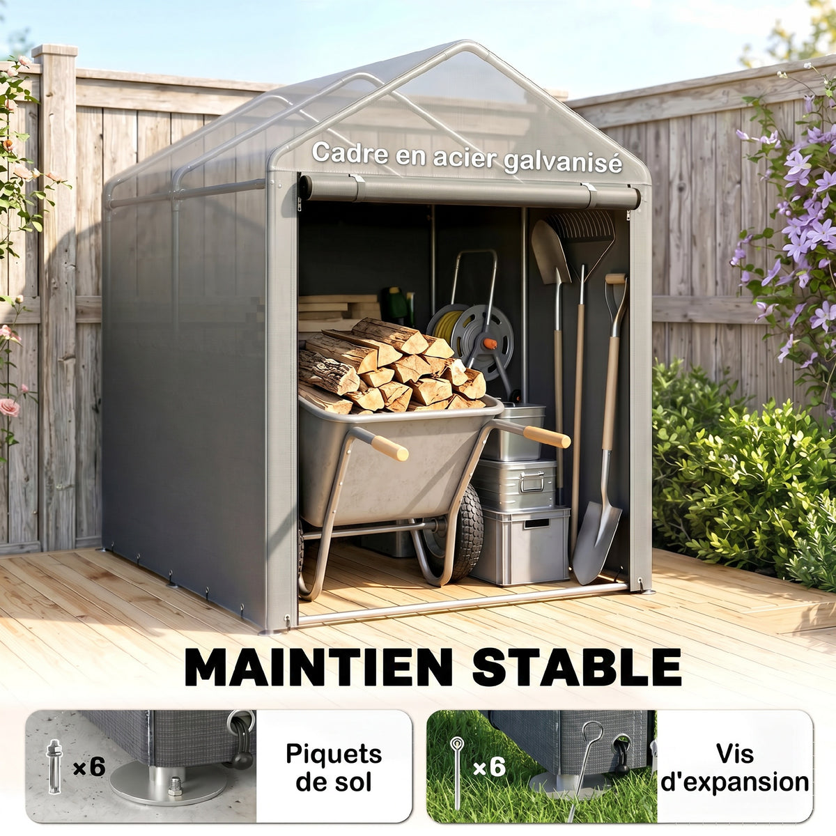 Abri de Jardin Imperméable avec 2 Compartiments, Porte Enroulable à Fermeture Éclair, 120x179x165cm, Gris Clair-4