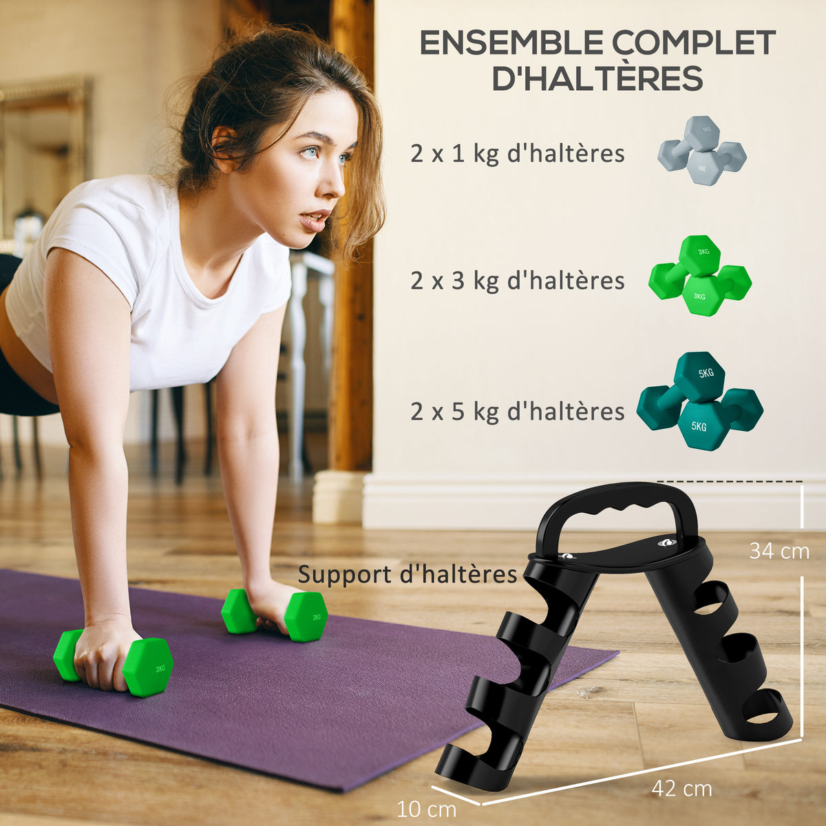 Lot d'haltères hexagonaux, haltères musculation, 2 x 1 kg, 2 x 3 kg, 2 x 5 kg, avec support convertible d'haltères-3