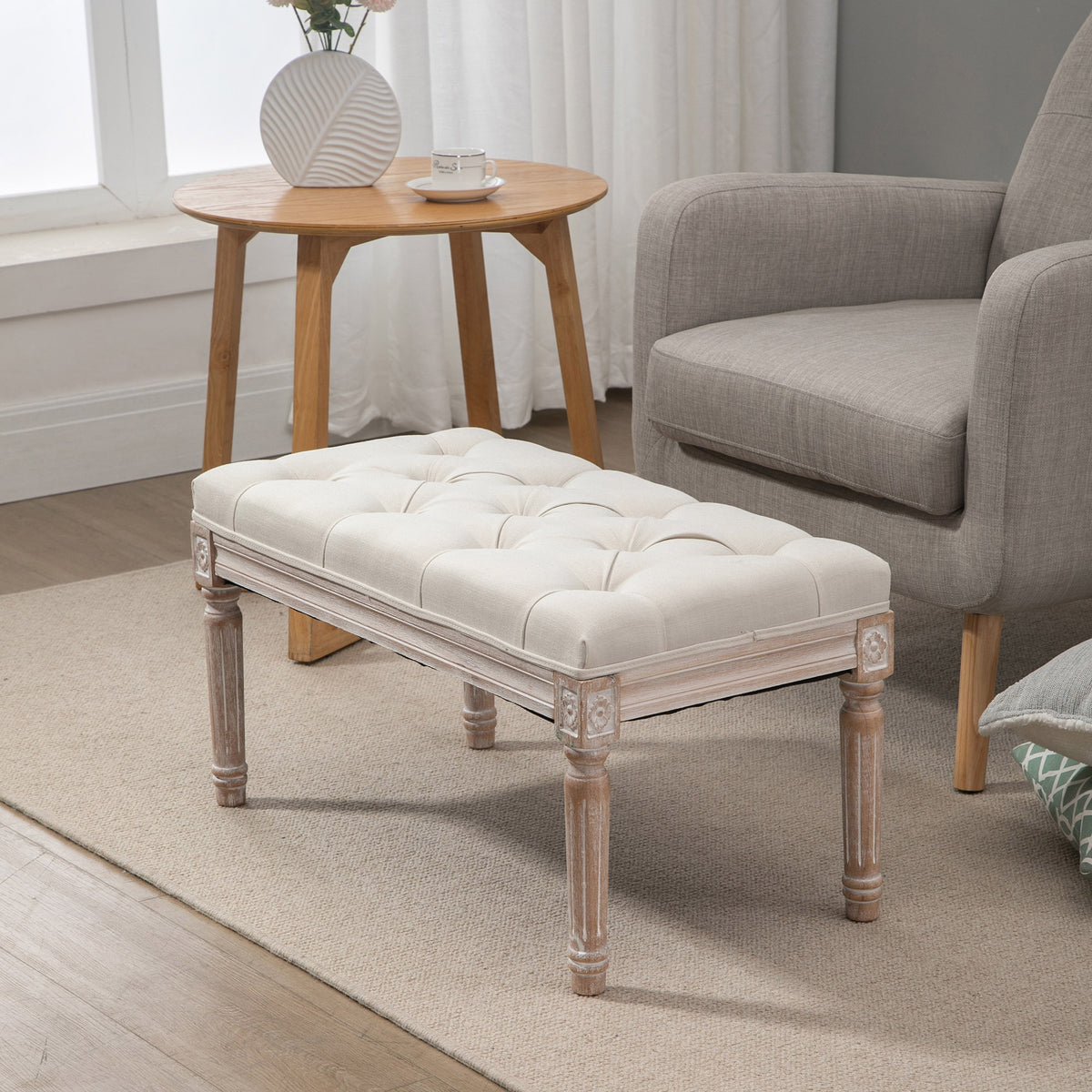 Banc Banquette classique capitonné 80cm bout de lit Rembourrée en lin - bois d'hévéa sculpté, patiné - Crème-6