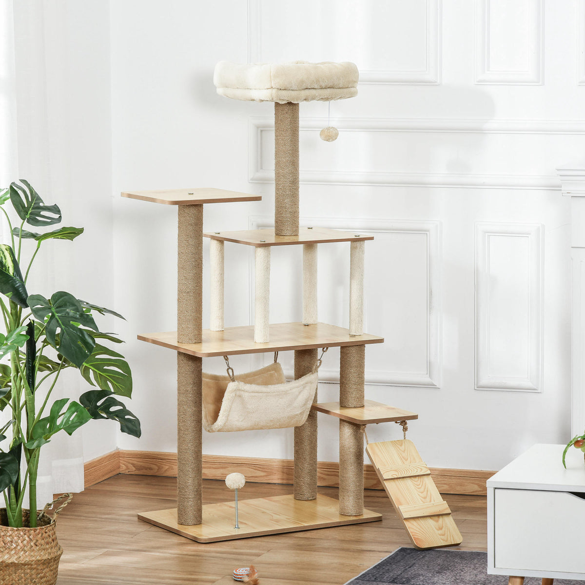 Arbre à chat tour de jeux pour chat, platesformes, niche, lit, hamac, échelle et griffoirs en jute 60x40x130cm jaune-1