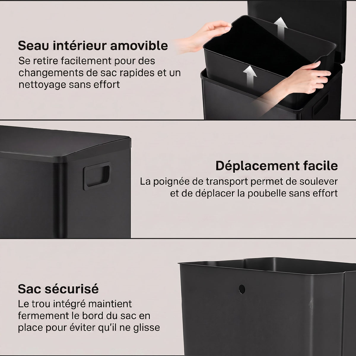 Poubelle cuisine 50L, poubelle à pédale, seau intérieur amovible, couvercle à fermeture douce, 41,7x36,6x62cm, noir-6