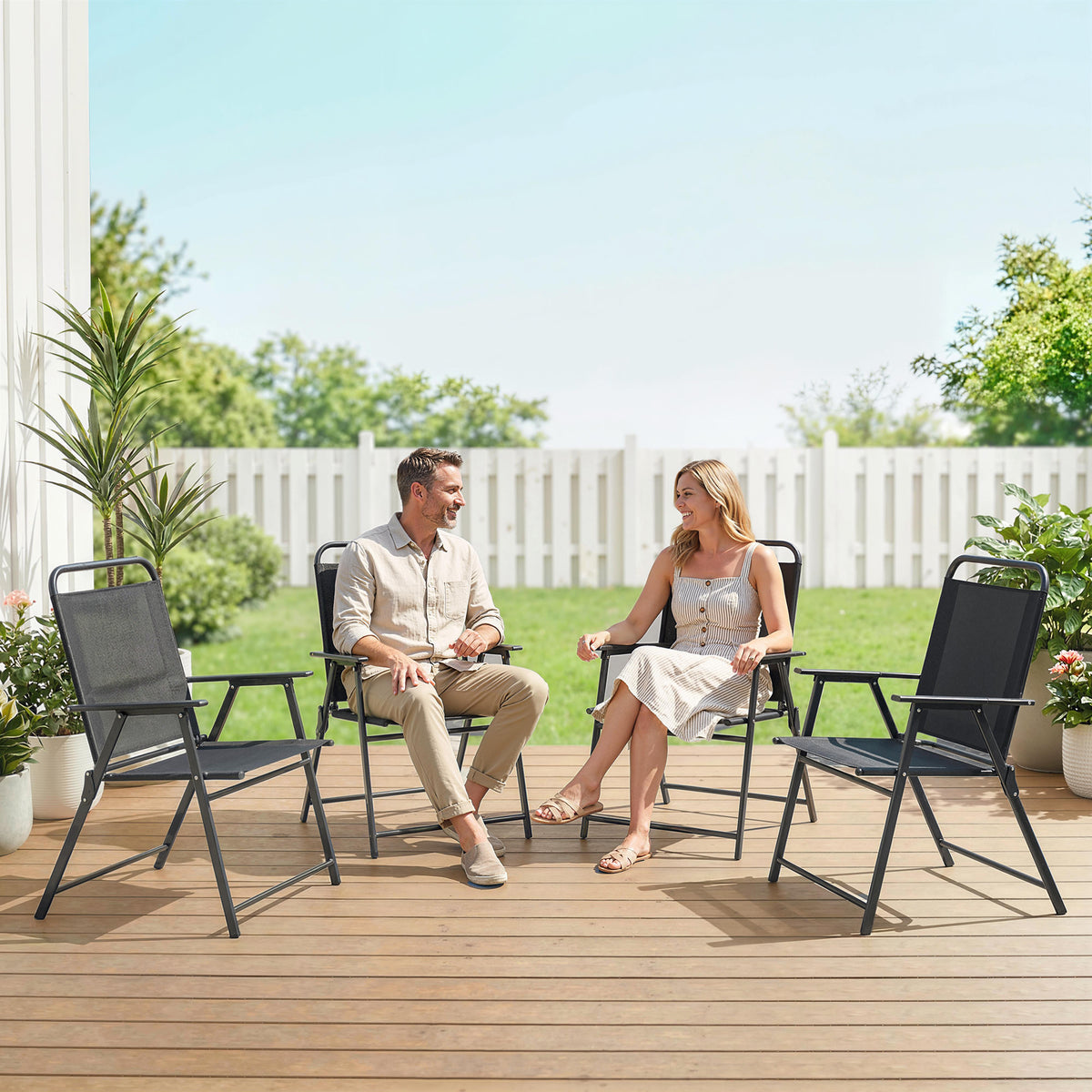Lot de 4 chaises de jardin pliantes avec accoudoirs, chaises d'extérieur avec assise large en textilène, noir-9