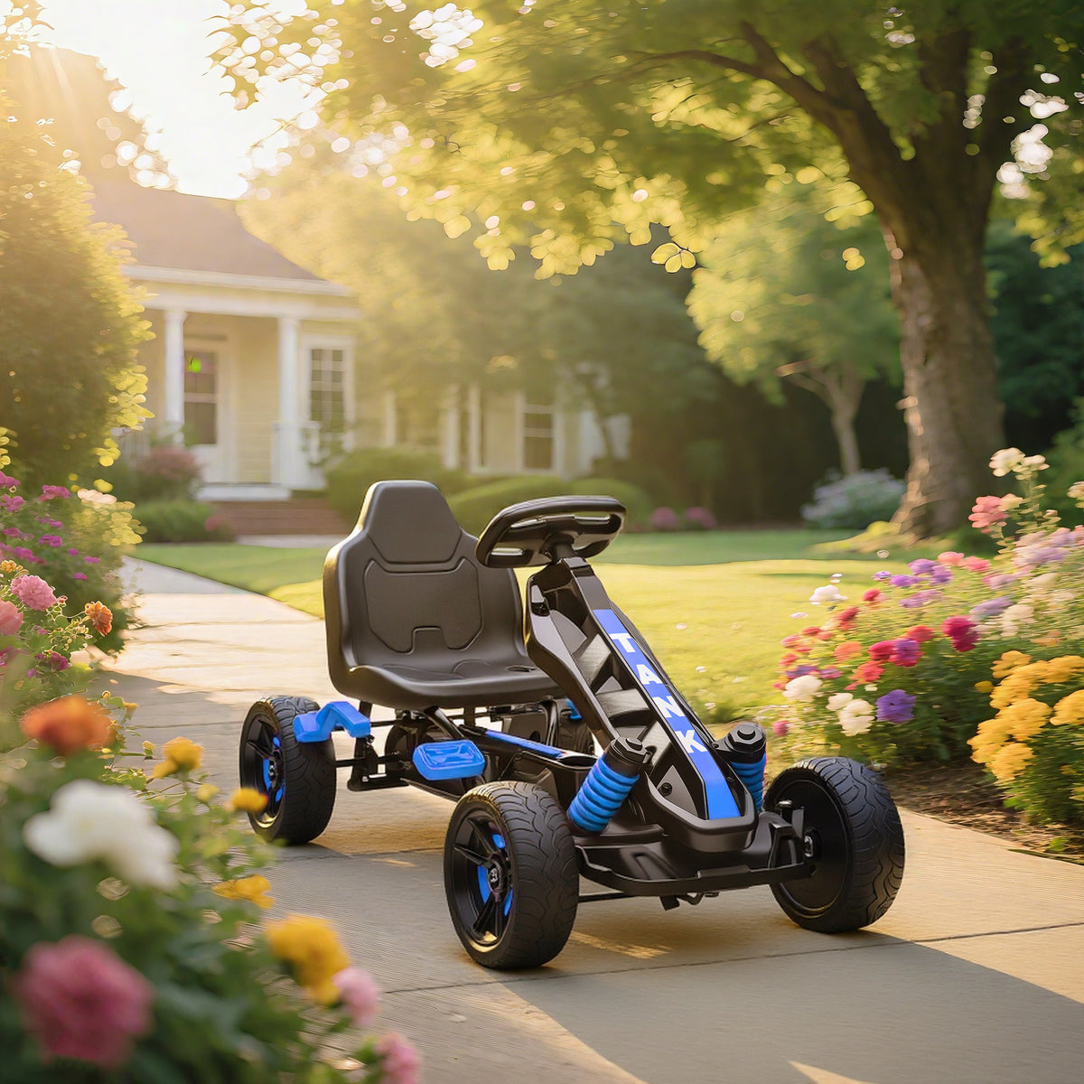 Kart à pédales pour enfants, karting enfant 3 à 6 ans avec roue libre, frein, roues EVA antidérapantes, bleu-9