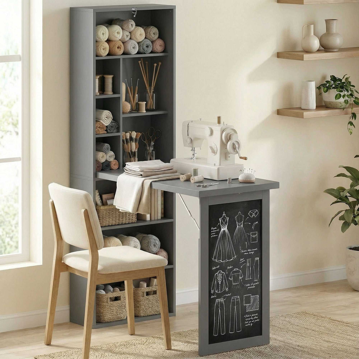 Bureau avec rangement pliable murale rabattable avec bibliothèque poste de travail tableau à craie et étagère réglable-7